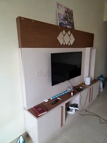 Wall-mounted entertainment unit with TV stand - white & wood finish