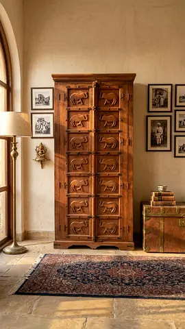 Solid Wood Carved Wardrobe / Armoire with Elephant Motif - Rustic Finish