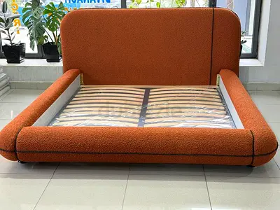 Modern Upholstered Bed Frame in Terracotta Boucle Fabric