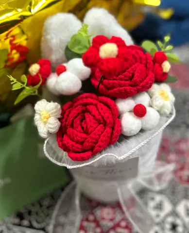 Handmade Crochet Flower Bouquet - Red & White Felt Arrangement