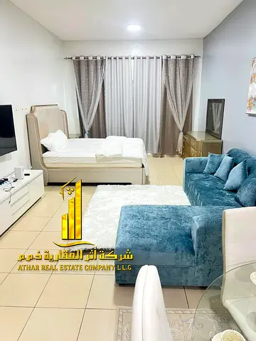 A luxurious studio open view with a semi-detached kitchen, fully furnished, elegant furniture and a fully equipped kitchen with parking and garden