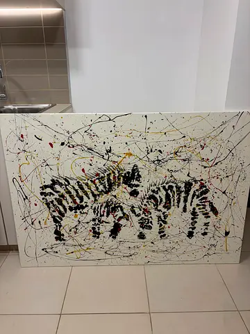 Abstract splatter painting with zebra motif, framed canvas (From Zanzibar)