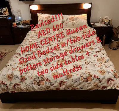 Queen bed set with mattress, headboard lights and bedside tables - Home Centre