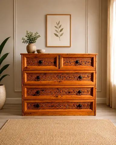 Hand-Carved Solid Wood Chest of Drawers