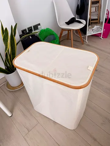 Canvas Laundry Basket with Bamboo Rim — White, Good Condition