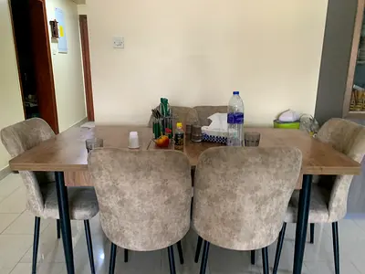 Wooden Dining Table with 6 Upholstered Chairs - Light Oak Finish