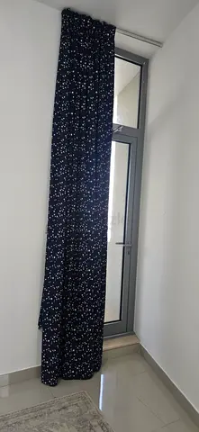 Pair of dark navy curtains with white speckle pattern - ready to hang