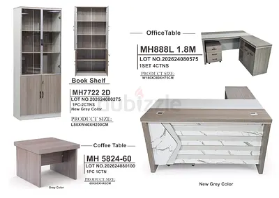 Office furniture set: 1.8m L-shaped desk, book shelf & coffee table (grey)