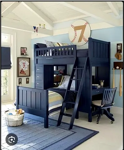 Pottery Barn Brand  Solid Wood Navy Blue Bunk Bed with Built-in Desk and Storage