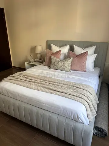 Modern Grey Fabric Upholstered Bed Frame + Mattress