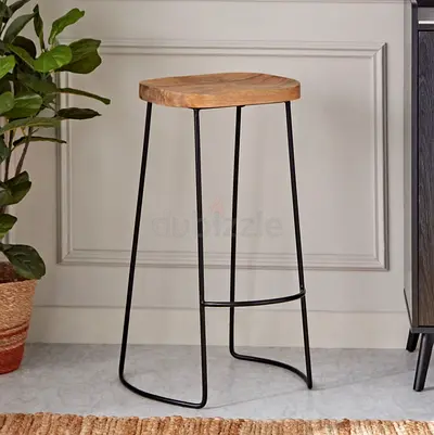 Solid Wood Seat Metal Frame Bar Stool — Natural Finish