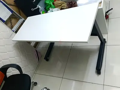 White rectangular office desk with black metal legs - good condition