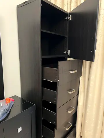 Tall dark wood wardrobe cabinet with 5 drawers - good condition