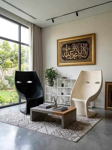 Pair of Modern Sculptural Accent Chairs — Black & Cream, Good Condition