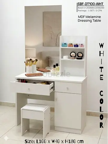 White MDF Melamine Dressing Table with Stool and Mirror - L100 x W40 x H180 cm