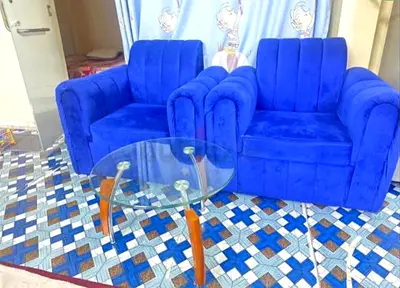 Pair of Blue Velvet Armchairs with Glass Coffee Table