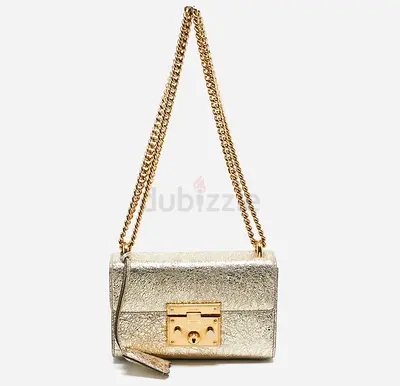 Gold Metallic Chain Shoulder Bag with Lock Closure