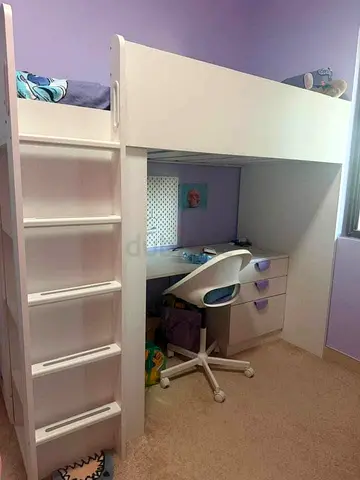 White loft bed with built-in desk and drawers — good condition