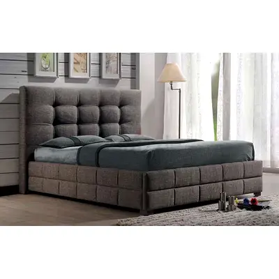 Dark brown velvet button tufted wingless queen bed