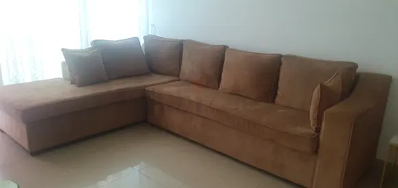 Brown L-shaped Fabric Sofa — Good Condition, 3 + 3 Seater