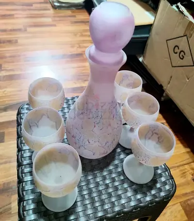 Vintage pink frosted glass decanter set with 6 goblets