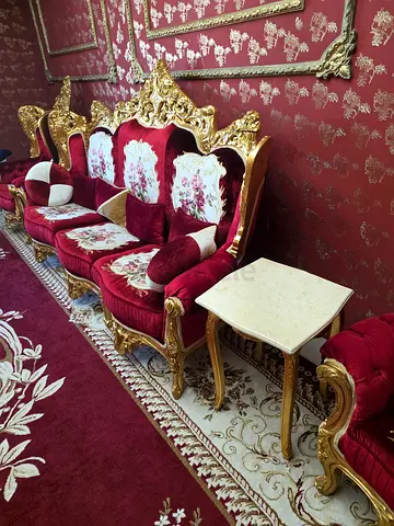 Ornate Red and Gold 3-Seater Sofa Set with Matching Chair and Side Table