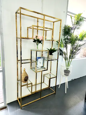 Gold Metal Display Shelf with Glass Shelves