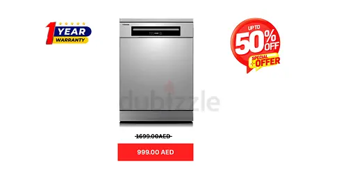 Toshiba Dishwasher 14 Place Setting, 6 Programs Free Standing with Dual Wash Zone Silver