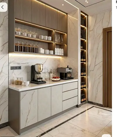 Modern marble-effect kitchenette cabinet with open shelving