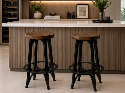 Set of 2 Wooden Top Metal Bar Stools - Industrial Style