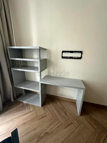Light grey corner shelving desk - compact study table with shelves