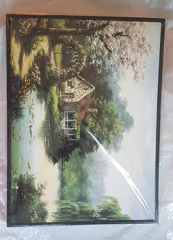 Framed landscape wall art painting — cottage by the lake