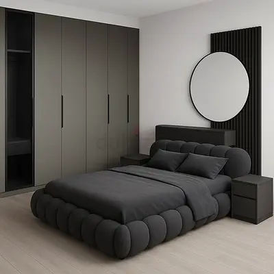 Modern Dark Grey Bed with Built-in Headboard and Nightstands