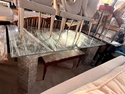 Large Rectangular Glass Dining Table with Marble legs