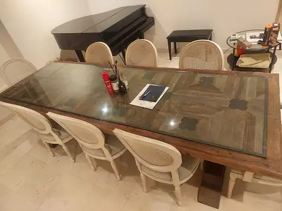 Large Rustic Wooden Dining Set with 8 Rattan Back Chairs
