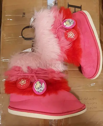 Pink furry children's winter boots, size unknown - cute character badges