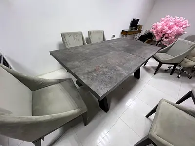 Modern Grey Concrete-Look Dining Table with 6 Velvet Chairs