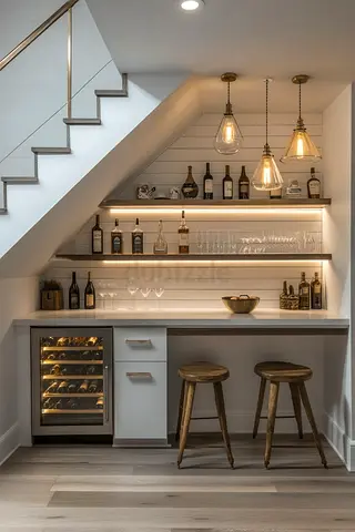 Under-Stair Built-in Mini Bar with Wine Fridge and Shelving