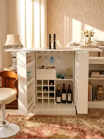 White Wooden Home Bar / Wine Cabinet with Glass Rack