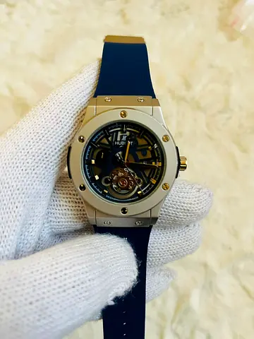 Hublot Skeleton Automatic Luxury Watch – Gold Tone Case & Blue Rubber Strap