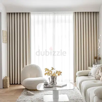 Beige full-length pleated curtains with sheer inner panels - like new