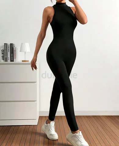 Black Sleeveless High-Neck Stretch Jumpsuit — Size S