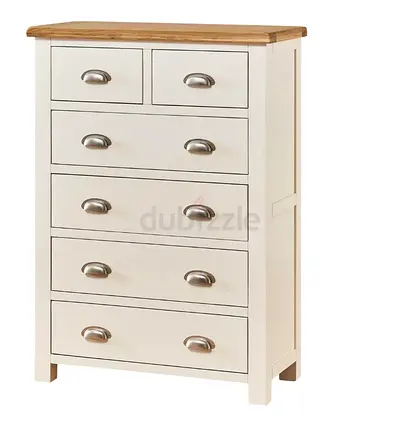 White wooden 6-drawer chest with oak top - good condition