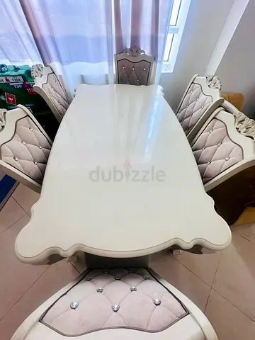 White 6-Seater Dining Table with Upholstered Chairs - Classic Design