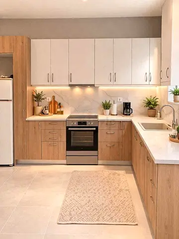 Light Wood Kitchen Cabinets with Marble Countertop and Built-in cabinets