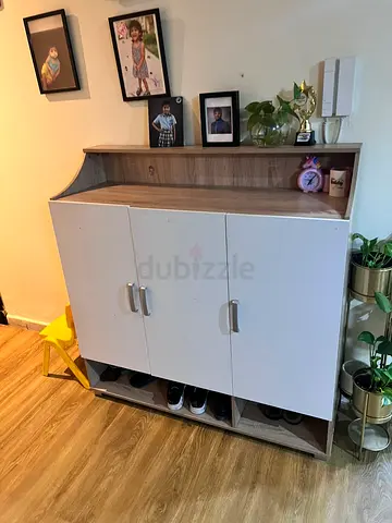 Wooden Shoe Cabinet with Shelf and 3 Doors - Light Oak/White