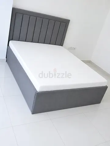 New Grey Upholstered Queen Size Bed with Headboard and Mattress