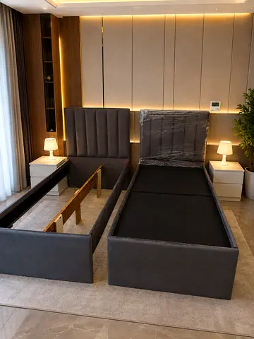 Single Upholstered Bed Frames with Headboards - Grey