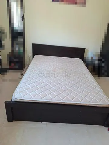 Dark Wood Double Bed Frame with Mattress - Good Condition