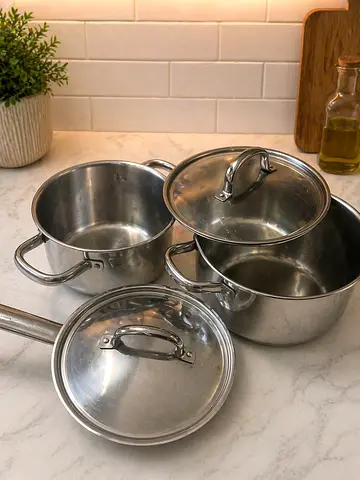 Set of 3 Stainless Steel Cooking Pots with Lids - Good Used Condition